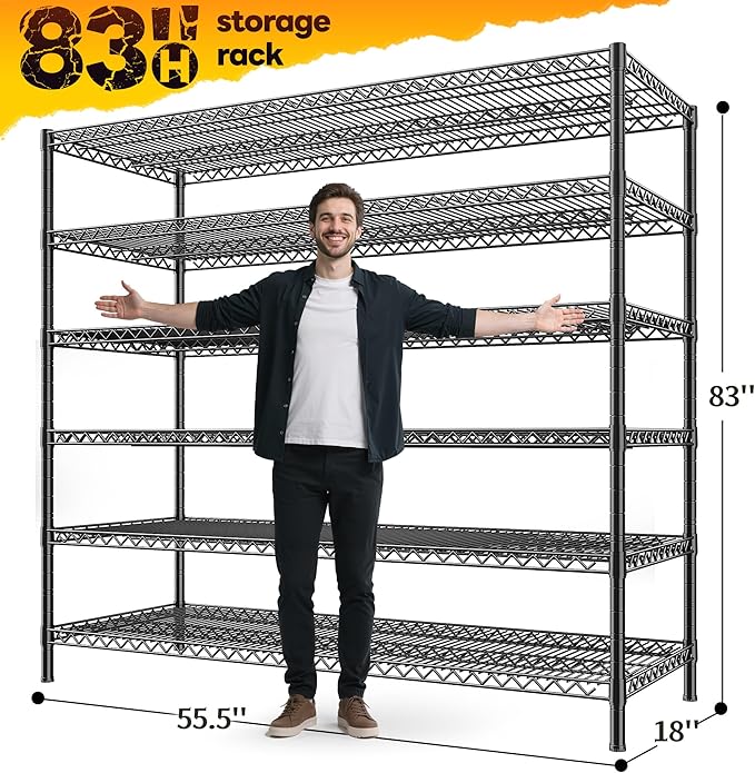 REIBII 83"H Storage Shelves 3840LBS Metal Shelving Unit Garage Shelving Heavy Duty 6 Tier Commercial Adjustable Wire Shelving for Storage Rack for Pantry, Garage, Kitchen, 83"H x 55.5"W x 18"D, 2PCS