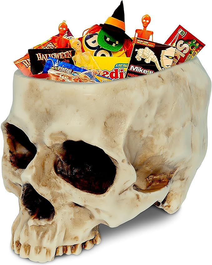 READAEER Skull Planter with Drain Hole, Resin Skull Shaped Flower Pot Candy Bowl, Gothic Decoration for Home Office Desk- White