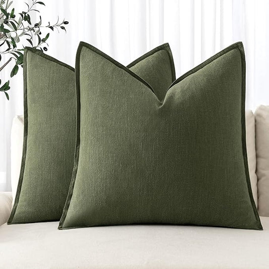 MIULEE Decorative Linen Pillow Covers 20x20 Inch Dark Olive Green Boho Farmhouse Neutral Christmas Couch Throw Pillows for Bed Pack of 2 Accent Modern Pillowcase Sofa Livingroom Home Decor