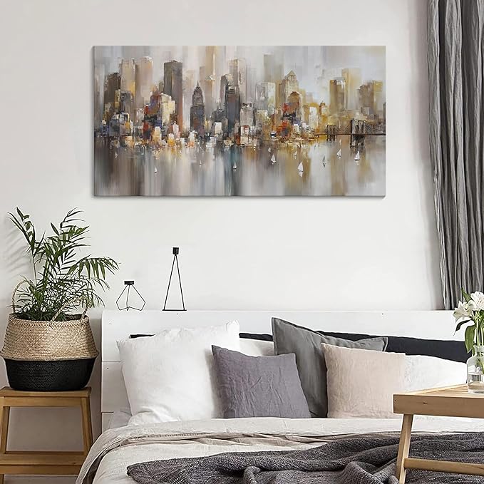 New York City Wall Art - Modern Abstract Wall Art for Living Room, Office & Bedroom Cityscape & Paintings for Bedroom brooklyn bridge Wall Art Pictures Wall Decor Chicago Artwork for Walls 24×48IN