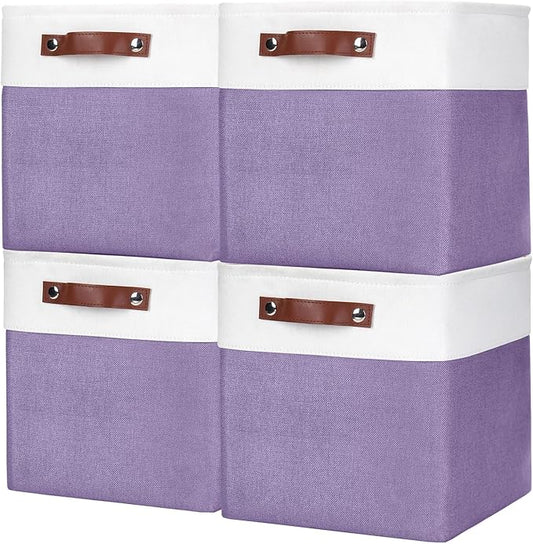 Collapsible Fabric Storage Cubes 11x11 Cube Storage Bins, 4 Pack Closet Baskets Box with Handles for Organizing, Shelf, Toys, Clothes, Home, Office, Nursery (Purple&White)