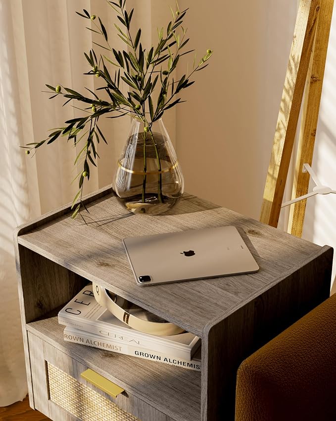 Rattan Nightstand,Modern Bedside Table with Storage Drawer and Open Wood Shelf, for Living Room, Bedroom and Small Spaces, Accent Night Stand with Solid Wood Legs, Easy Assembly(Grey Oak)