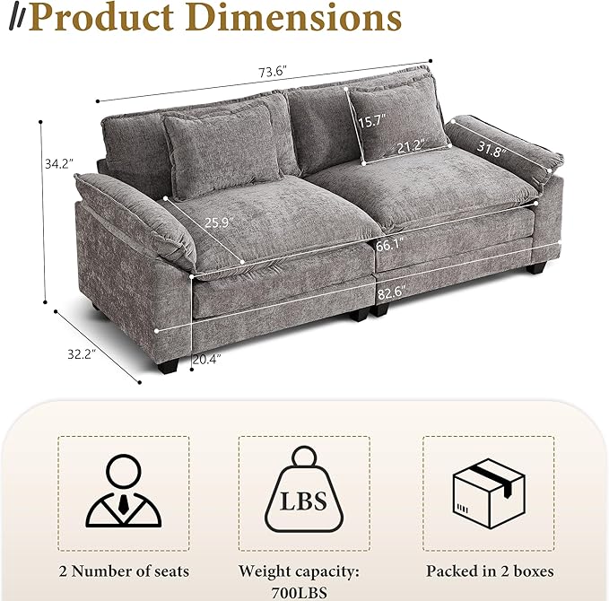 URRED Modular Sectional Sofa Comfy Cloud Couch, Modern Chenille Sofa Sleeper Deep Seat Couches with Ottoman/Pillows for Living Room (Gray, 82.6'')