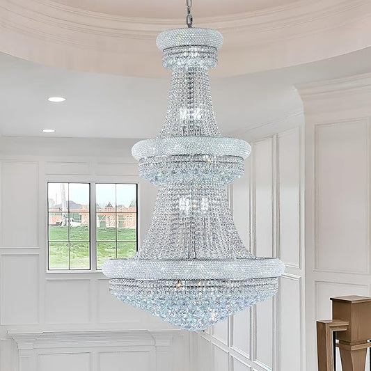 31 - Light Large Empire Crystal Chandelier for High Ceiling Foyer Entryway Staircase Living Room Dining Room Chrome Finish
