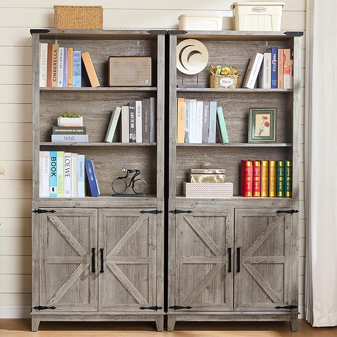70in Tall Bookshelf 5 Tier Bookcase with Barn Doors and Adjustable Shelves, Grey Farmhouse Book Shelf with Storage Cabinet, Wood Freestanding Display Bookshelves for Bedroom, Kitchen (2PCS)