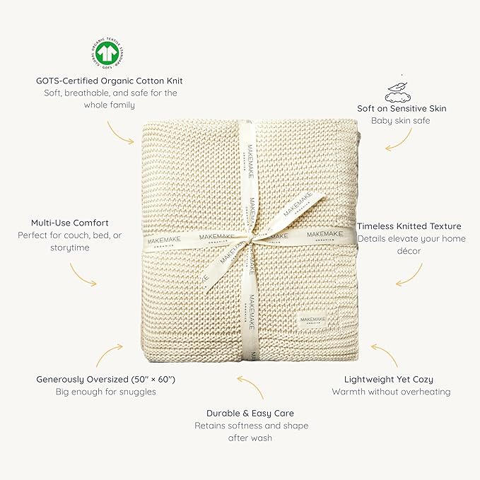 MakeMake Organics Organic Throw Blanket GOTS Certified Organic Cotton Blanket Chunky Knit Super Soft Cozy Fall Winter Large Adults Throw Blanket (50x60, Vanilla)