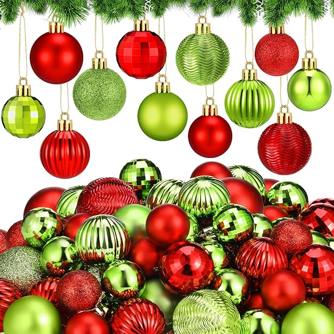 64 Pcs Christmas Ball Ornaments Lime Green Red Plastic Glitter Christmas Tree Decoration Assorted Size Hanging Xmas Ornament for Tree Home Indoor Decor, 1.6/1.97/2.4 Inch