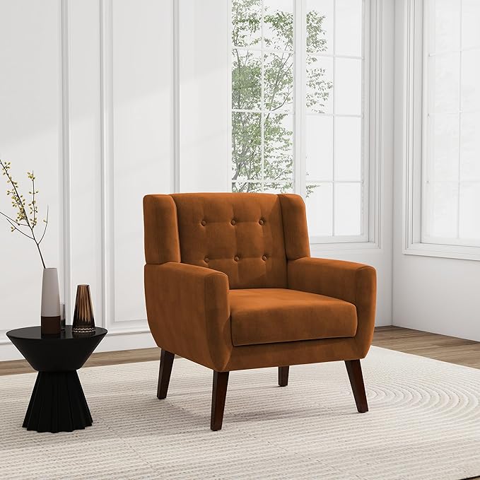 UIXE Accent Chair, Velvet Upholstered Armchair for Living Room, Modern Club Arm Chairs Comfy Single Sofa Button Tufted Bedroom Reading Seat - Orange, Set of 1