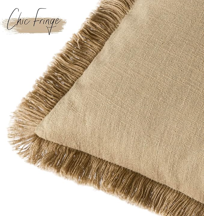 Foindtower Decorative Linen Fringe Throw Pillow Covers Boho Farmhouse Cushion Cover with Tassels Soft Accent Pillowcase for Chair Sofa Bed Living Room Home Decor, 16×16 Inch, 1PC,Light Khaki Taupe