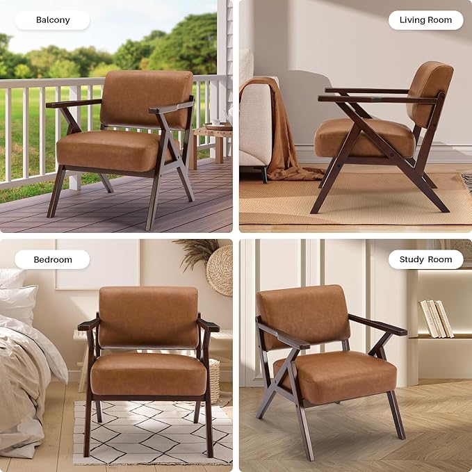 Mid-Century Modern Lounge Armchair - Genuine Brown Leather with Solid Wood X-Base Frame, Seat Cushion - for Living Room, Study, Balcony Retro Design, Brown Leather