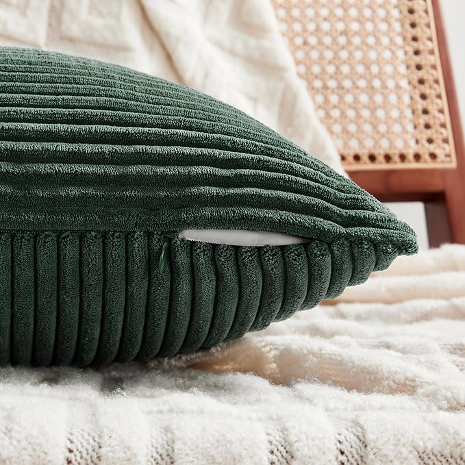 Fancy Homi Set of 2 Dark Green Samll Decorative Throw Pillow Covers 12x12 Inch for Living Room Couch Bed, Boho Farmhouse Forest Green Home Decor, Soft Corss Corduroy Patchwork Textured Cushion Case