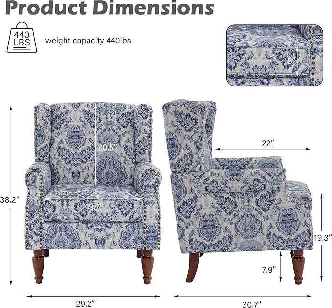 UIXE Floral Accent Chair, High Back Pattern Arm Chair for Living Room, Traditional Fabric Armchair Comfy Upholstered Sofa Reading Seat with Nailhead Trim & Retro Wood Legs - Navy