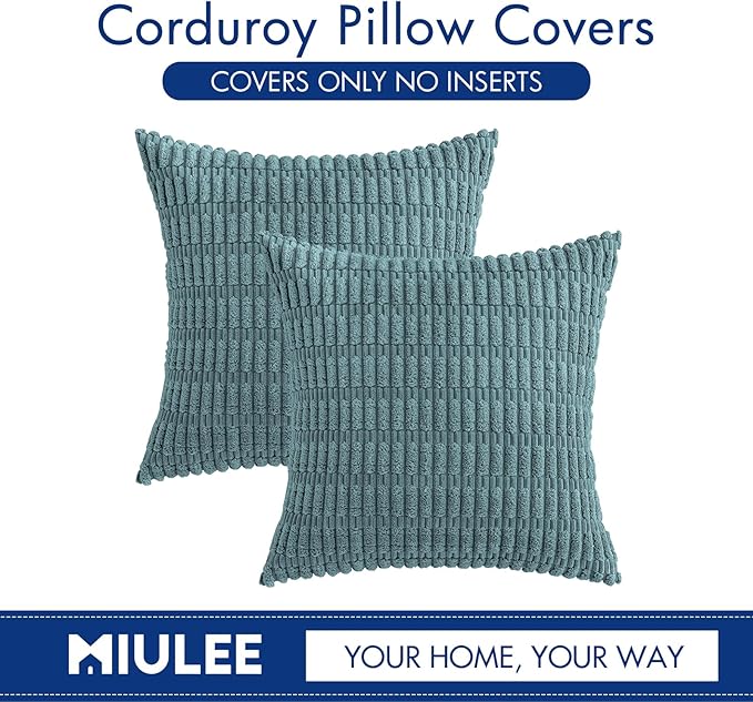 MIULEE Pack of 2 Corduroy Decorative Throw Pillow Covers 16x16 Inch Soft Boho Striped Pillow Covers Modern Farmhouse Home Decor for Summer Coastal Sofa Living Room Couch Bed Coastal Blue