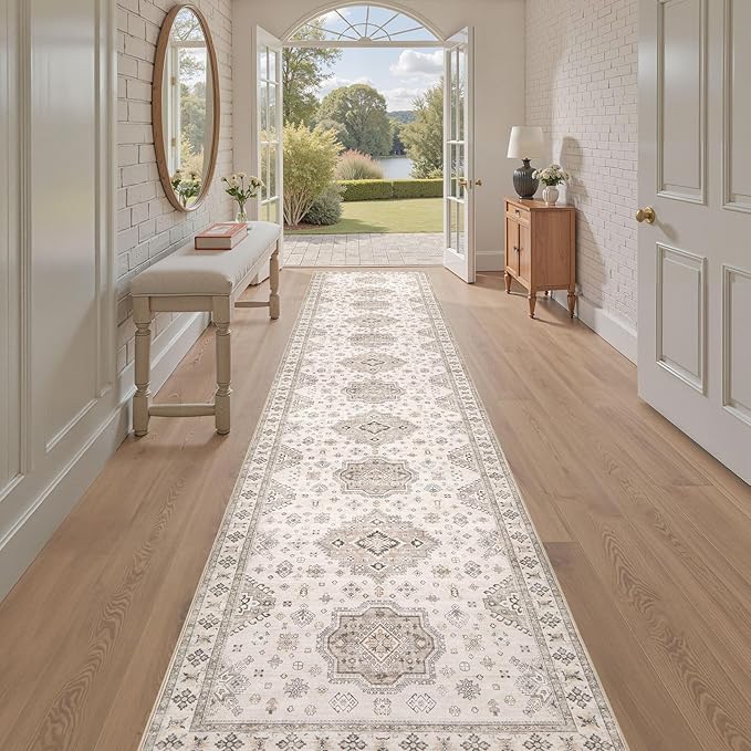 Washable 2.6x14 Runner Rug - Area Rugs Neutral Vintage Distressed Floral Farmhouse Boho Large Soft Floor Rug Indoor Carpet for Hallway Entryway Home - Beige Brown