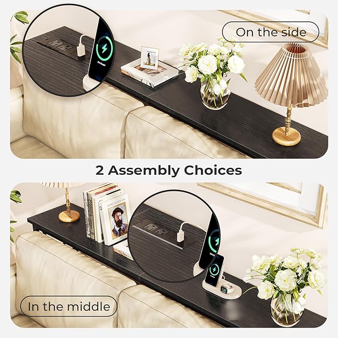 SUPERJARE 70 Inch Console Table with Outlets and USB-C Port, Extra Long Behind Couch Sofa Table with X-Shaped Design, Narrow for Entryway, Living Room, Metal Frame, Wooden Top, Black