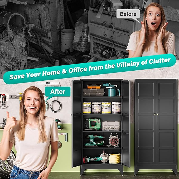 Metal Storage Cabinets with 2 Doors and 5 Shelves,Tall Storage Cabinet,Large Cupboard Closet,Pantry Storage Cabinet for Home,Office,Bathroom,Dining/Living Room (Black, 72" H)