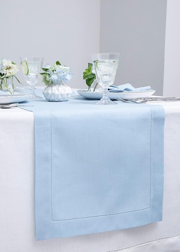 Solino Home Linen Sky Blue Table Runner 48 Inches - Classic Hemstitch, 100% Pure Linen Coffee Table Runner 14 x 48 Inch Ideal for Dresser Tables