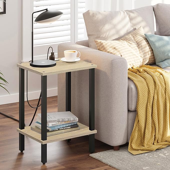 TUTOTAK End Table with Charging Station, Small Side Table with Outlets, Nightstand Bedside Table, 2-Tier Storage Shelf for Small Space, Living Room, Bedroom, Oak TB01BO040