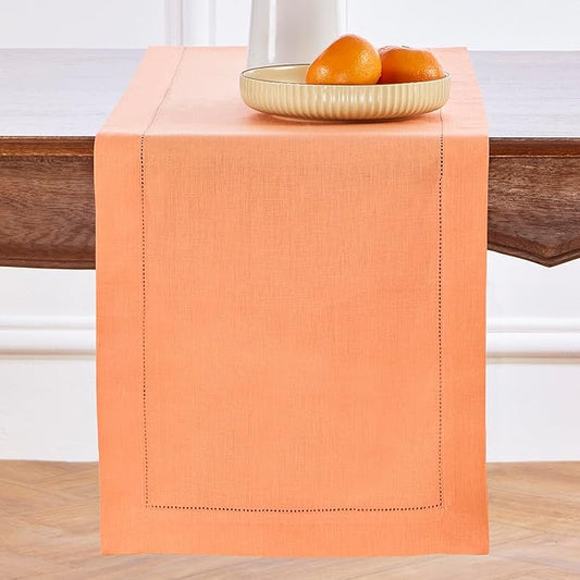 Solino Home Linen Table Runner 90 Inches Long - 100% Pure Linen Coral Table Runner 14 x 90 Inch - Classic Hemstitch