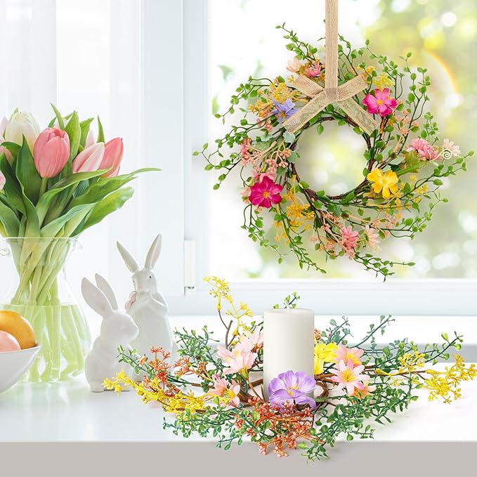 6 Pcs Spring Summer Hanging Flower Swags Wreaths Mini Artificial Wild Flower Wreath Artificial Candle Rings Wreaths for Pillar Front Door Porch Wall Window Farmhouse All Seasons Decoration