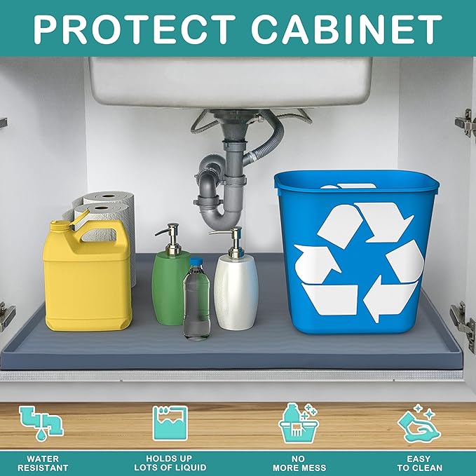 URMONA Waterproof Silicone Under Sink Mat 34'' x 19'' Shelf Liner for Kitchen and Bathroom, Cabinet and Counter Protector, Storage and Organizers, Litter Mat, Pet Cat Puppy Essentials(Black)