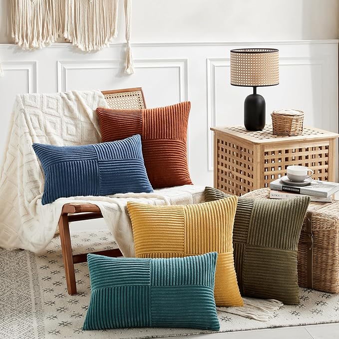 Fancy Homi 2 Packs Teal Decorative Throw Pillow Covers 20x20 Inch for Living Room Couch Bed Sofa, Rustic Farmhouse Boho Home Decor, Soft Corss Corduroy Patchwork Accent Square Cushion Case 50x50 cm