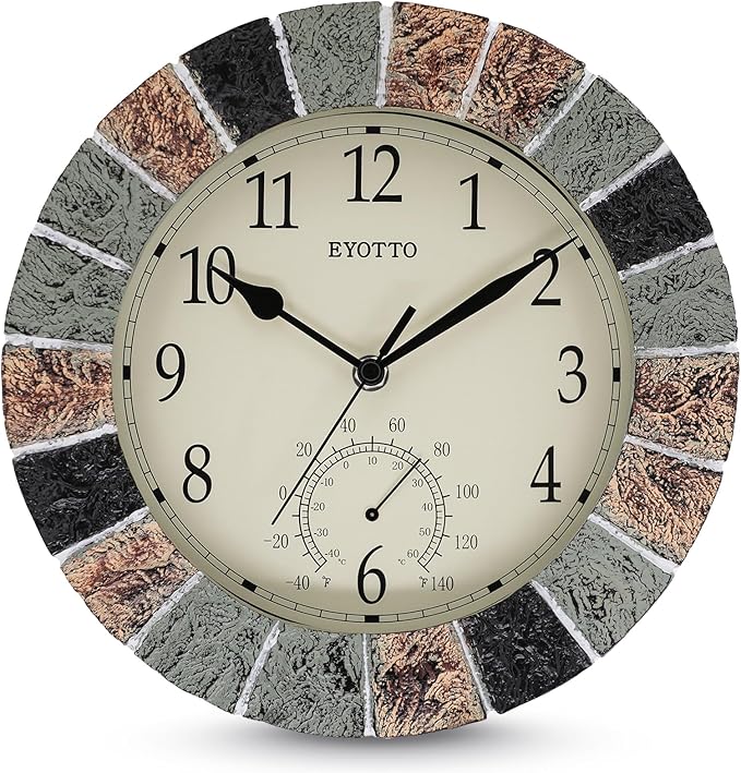 eYotto 10 Inch Small Indoor/Outdoor Waterproof Wall Clock with Thermometer Silent Non-Ticking Battery Operated Wall Clocks Weatherproof for Patio, Pool, Garden, Lanai, Fence, Porch, Deck, Bathroom