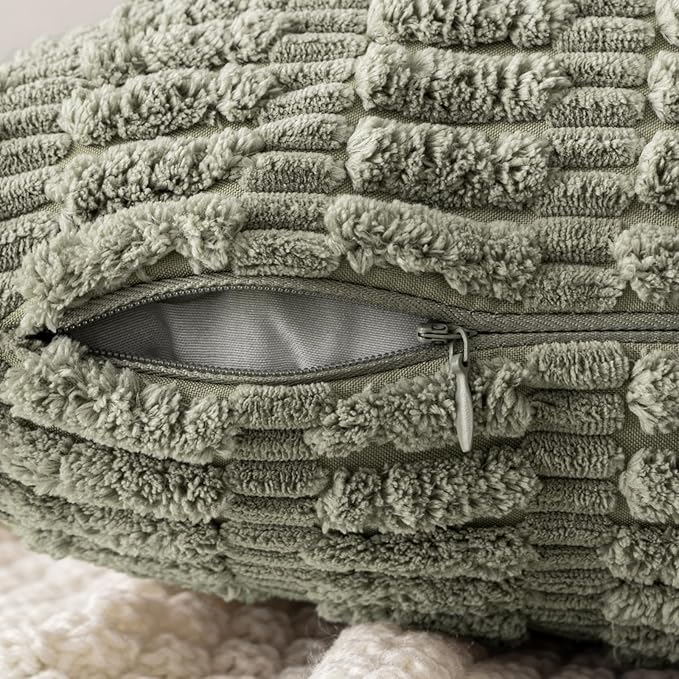 MIULEE Pack of 2 Corduroy Decorative Throw Pillow Covers 16x16 Inch Soft Boho Striped Pillow Covers Modern Farmhouse Home Decor for Summer Sofa Living Room Couch Bed Light Olive Green