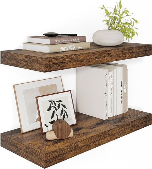 12" Deep Floating Shelves for Wall 24 Inches Long, Heavy Duty Wall Shelves for Bedroom Bathroom Kitchen Laundry Room, Farmhouse Rustic Shelves for Home Decor, 24" X 12" X 2" Set Of 2, Rustic Brown