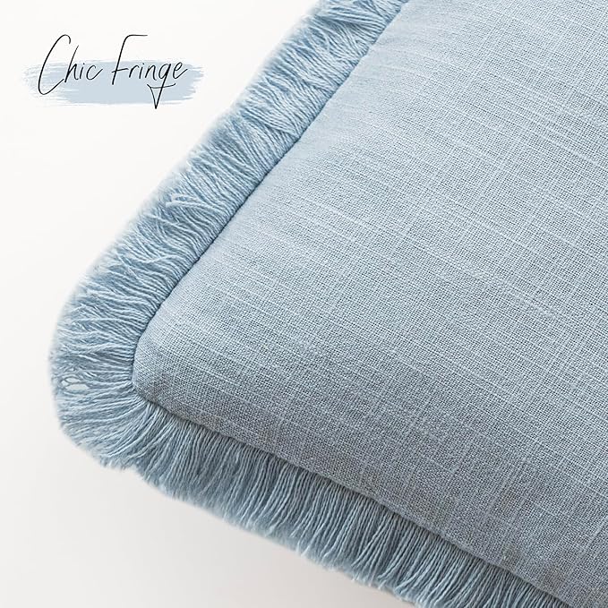 Foindtower Decorative Linen Fringe Lumbar Throw Pillow Covers Cozy Boho Farmhouse Cushion Cover with Tassel Soft Accent Pillowcase for Sofa Bed Living Room Home Decor, 12×20 Inch,1PC,Sky Blue