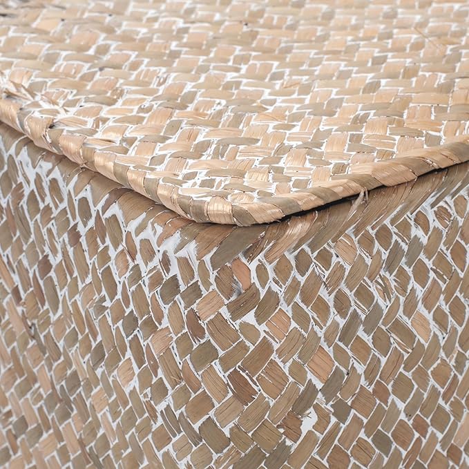 Wicker Basket with Lid, Seagrass Storage Basket, Woven Decorative Storage Baskets for Shelf Organizing, Whitewash