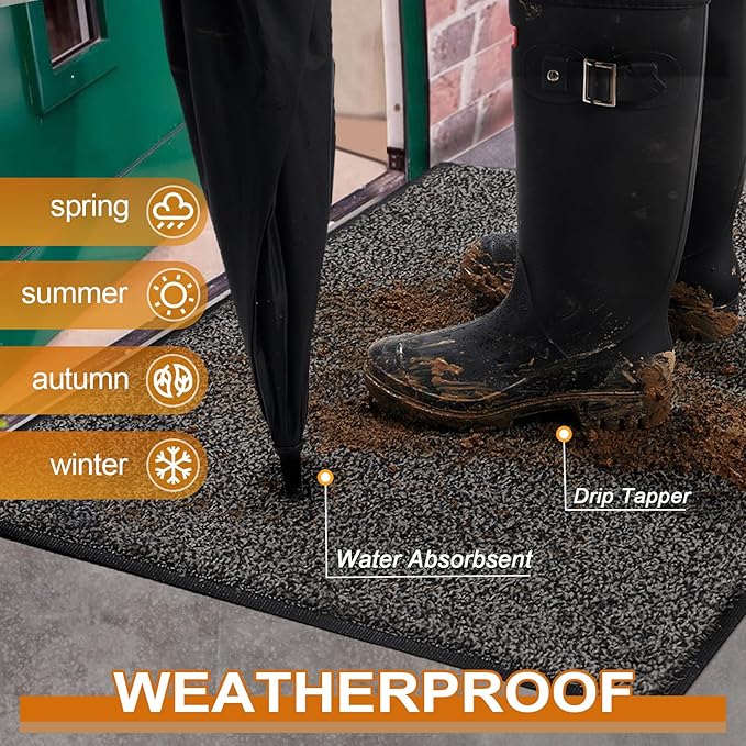 Mibao Front Door Mat, Dirt Trapper Welcome Mat for Outdoor Indoor, Non-Slip Waterproof Doormat, Durable Machine Washable Low Profile Entry Rug for Back Door Outside Patio Porch, 32" x 20", Grey