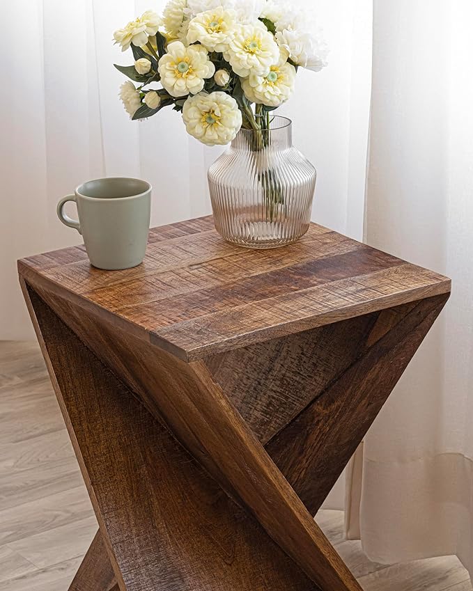 Modern Hand Made One-of-a-Kind Carved Mango Wood End Table, Farmhouse Side Table,Farmhouse End Table,Living Room,Bedroom, Accent Table, Contemporary Architectural Designed Natural