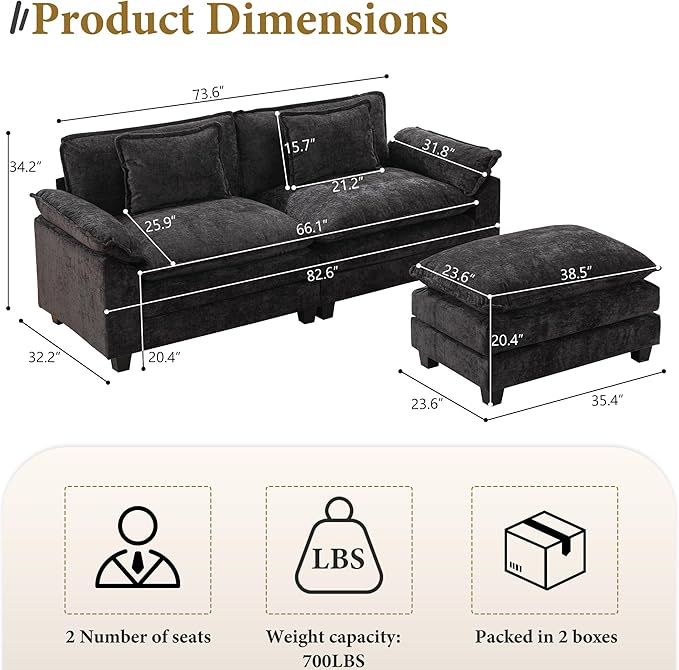 URRED Modular Sectional Sofa Comfy Cloud Couch, Modern Chenille Sofa Sleeper Deep Seat Couches with Ottoman/Pillows for Living Room (Black, 82.6''- L Shape)