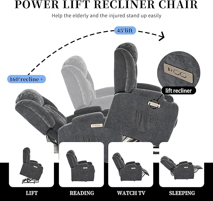 Power Lift Recliner Chair for Elderly with Massage and Heat, Recliner Chairs for Adults, Upgraded Fabric Reclining Sofa Chair with USB & Type-C Ports and Cup Holders, L1188(Grey)