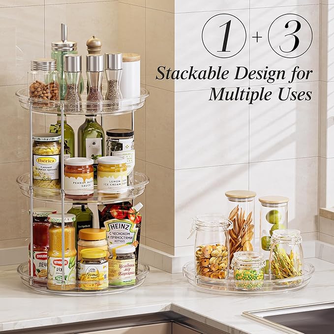 LAMU 10.6in Rotating Makeup Organizer for Vanity, 2 Tier Lazy Susan Turntable Stackable Spinning Skincare Organizer Cosmetic Perfume Tray for Bathroom Counter, Large Capacity, Clear