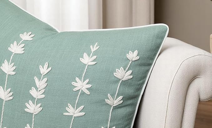 VAGMINE Hand Embroidered Daisy Accent Throw Pillow Cover - 20x20 Inches Square - 100% Cotton Light Teal Decorative Cushion Cover for Couch, Sofa, Bed - Textured Embroidery - Elegant Floral Home Décor