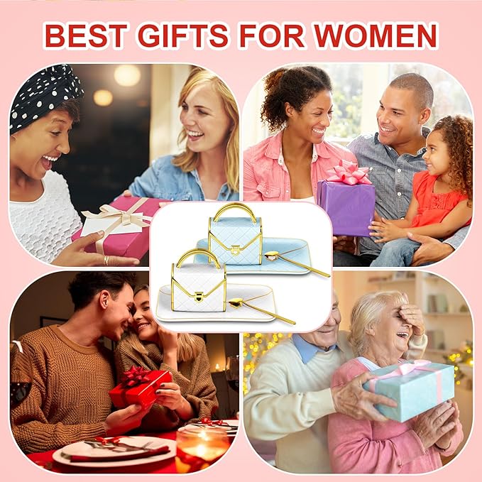 Zubebe 2 Sets Coffee Mug Elegant Handbag Shaped Cup Modern Ceramic Purse Mug with Spoon and Saucer, 10oz Cute Creative Tea Cup for Office Home Woman Girls Gift (White,Blue)