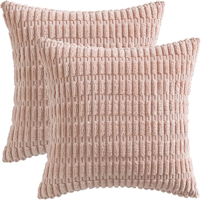 MIULEE Pack of 2 Corduroy Decorative Throw Pillow Covers 20x20 Inch Soft Boho Striped Pillow Covers Modern Farmhouse Home Decor for Sofa Living Room Couch Bed Pink