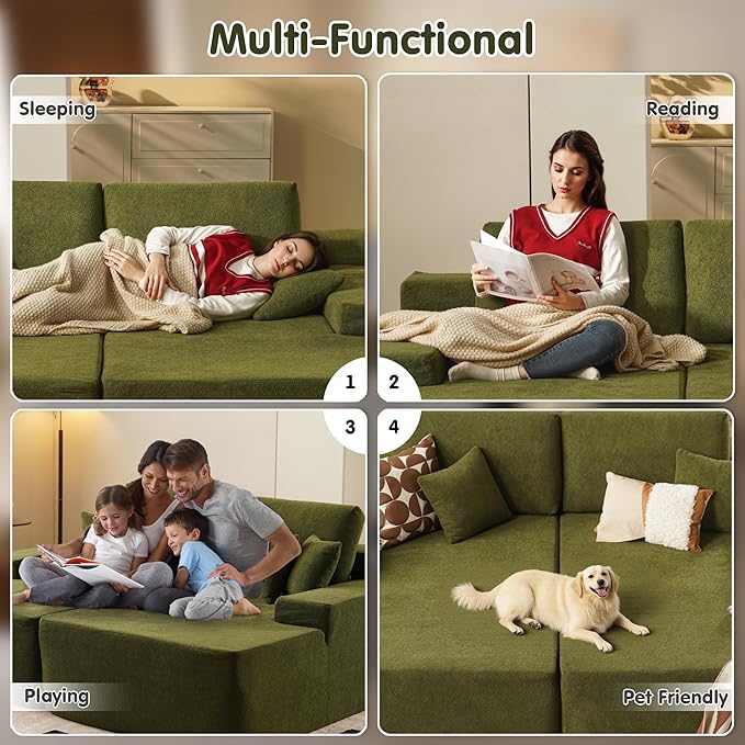 ovios 81" Oversized Sectional Double Lounge Chaise with Cloud Plush Sofa Bed, No Assembly Required, Fluffy Modern Sleeper Loveseat Chair for Indoor Living Room Bedroom Reading, Green (Cloud Velvet)