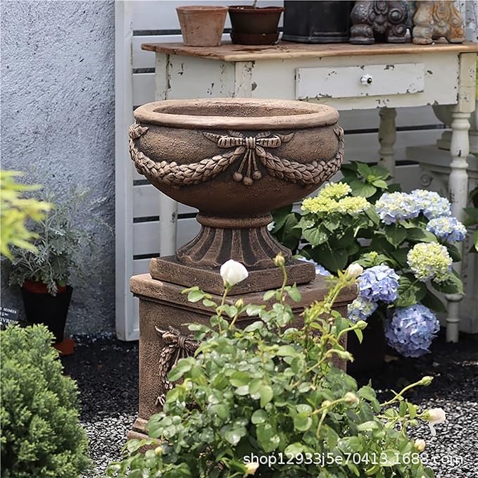 Vintage Garden Urn Planter with Pedestal, Cement and Fiber, Maked Bronze Color, Decorative Leaf Pattern, 30 Inch Height, Wrap Foam Safely Delivered from Local Warehouse (Bronze)