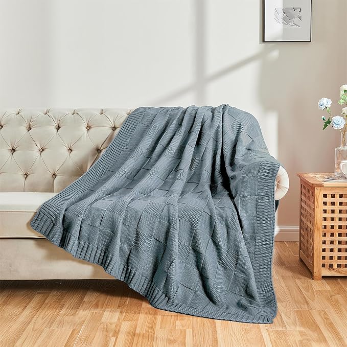 CozeCube Check Knit Throw Blanket, Dusty Blue Checkered Throw for Couch, Decorative Christmas Soft Cozy Warm Knitted Blanket for Bed Sofa Living Room, 60"X80"