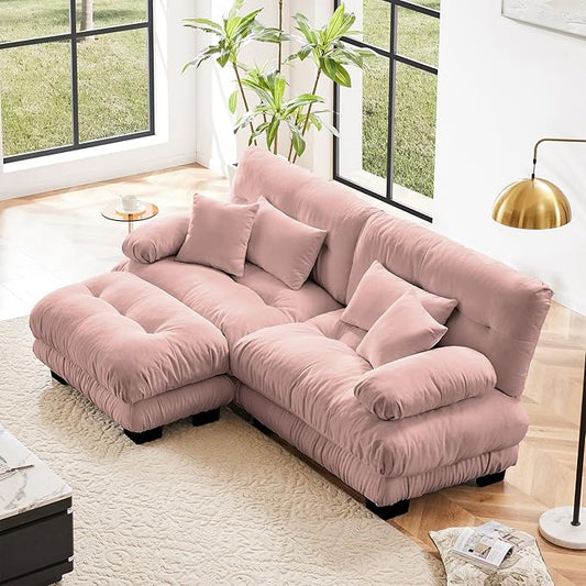 Loveseat Modular Sectional Sofa, L Shaped Couch with Ottoman, Cloud Couch Sectional Couch Home Sofa Living Room Oversized Couch Deep Seat Couch with Round Bolster Armrests 4 Pillows(Pink)