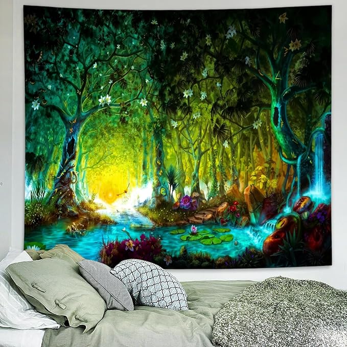 Delur Fantasy Forest Tapestry Mystical River Enchanted Magical Fairy Tale Tree Tapestry Sunrise Landscape Sunset Nature Psychedelic Wall Hanging Headboard for Bedroom Living Room Home Decor (70.8" x 92.5")