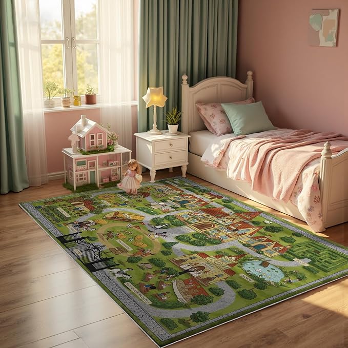 5x7ft Kids Manor Tour Play Rug,Non-Slip Faux Wool Carpet with Interactive English Words, Educational Manor Map Design for Playroom, Bedroom, Nursery Gift