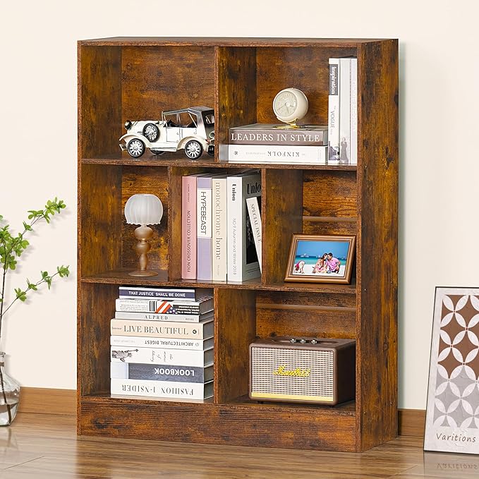 LEYAOYAO 7 Cube Bookshelf with Wood Base, Brown 3 Tier Mid-Century Modern Bookcase,Standing Wide Bookshelves Storage Organizer Shelf,Rustic Display Cabinet Book Shelves for Bedroom,Living Room,Office