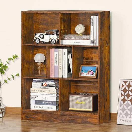LEYAOYAO 7 Cube Bookshelf with Wood Base, Brown 3 Tier Mid-Century Modern Bookcase,Standing Wide Bookshelves Storage Organizer Shelf,Rustic Display Cabinet Book Shelves for Bedroom,Living Room,Office