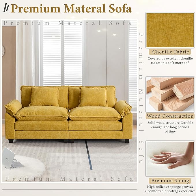 URRED Modular Sectional Sofa Comfy Cloud Couch, Modern Chenille Loveseat Sofa Sleeper Deep Seat Couches with Pillows for Living Room (Yellow, 82.6'')