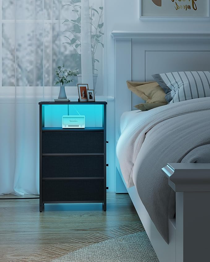 TUTOTAK Narrow LED Night Stand with Charging Station, Slim End Table with Plugins, Tall Side Table with 3 Fabric Drawer, Small Bedside Table with Storage, Set of 2, for Living Room, Black TB01BK073L