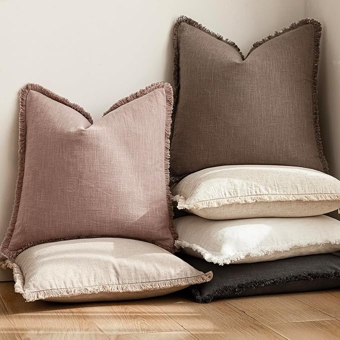 Foindtower Decorative Linen Fringe Throw Pillow Covers Cozy Boho Farmhouse Cushion Cover with Tassels Soft Accent Pillowcase for Chair Sofa Bed Living Room Home Decor, 18×18 Inch,1PC,Dusty Pink